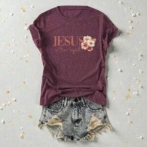 Jesus Is The Light Graphic Tee - Plum with Floral Accent